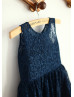 Navy Blue Lace Slit Back Knee Length Flower Girl Dress